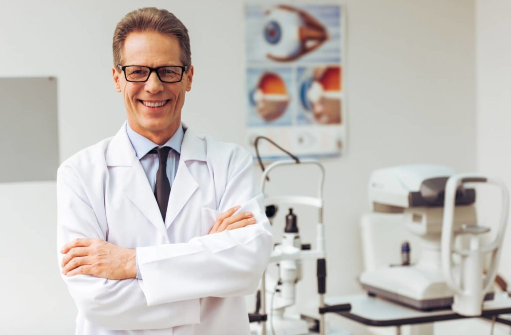 A male optometrist in a clinic, crossing his arms and smiling while looking directly at the camera.