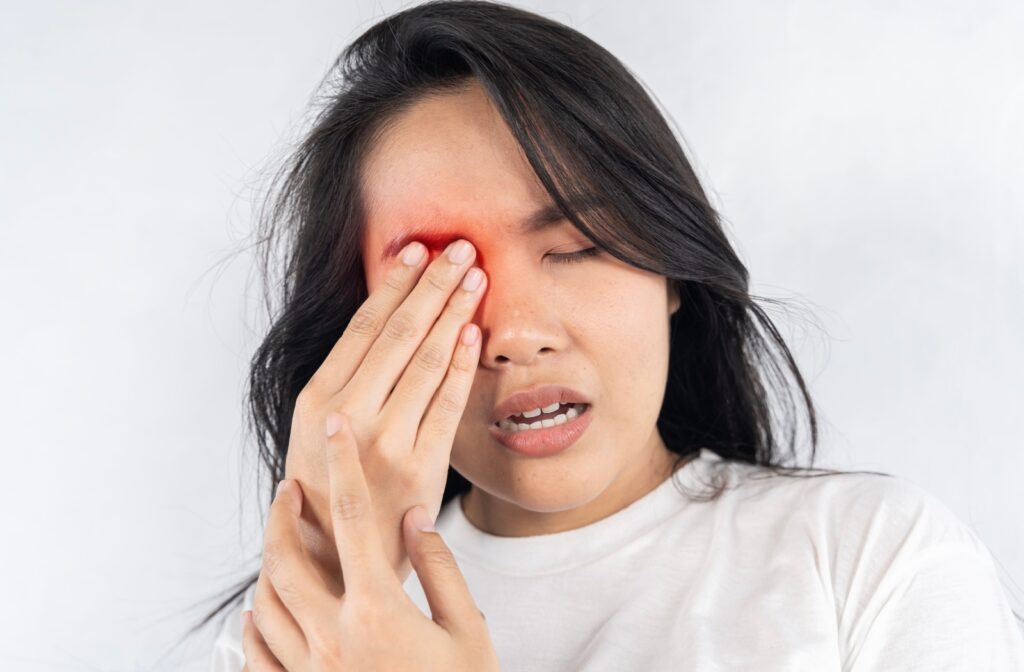 A person holding their hand up against their eye as they deal with severe eye pain in their right eye.