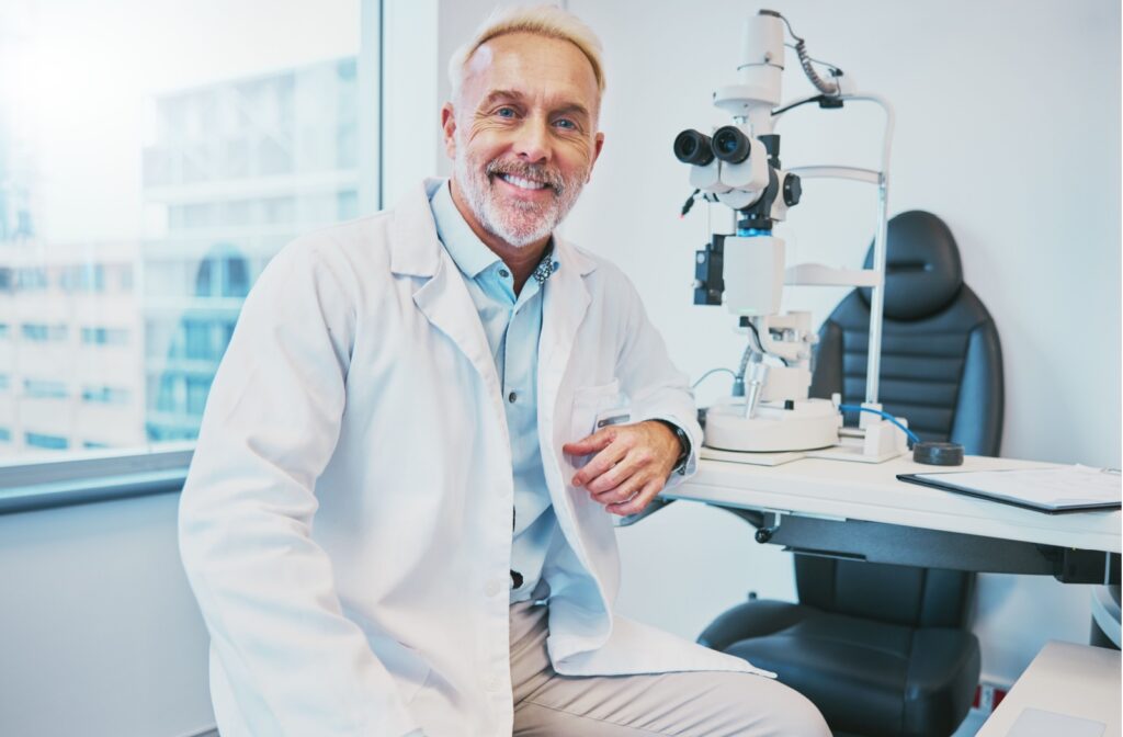 An eye doctor sitting in an eye exam room.