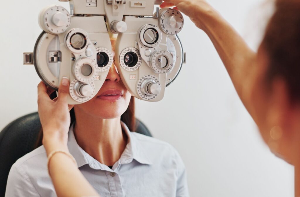 A patient having an eye exam at their local optometrist's office.