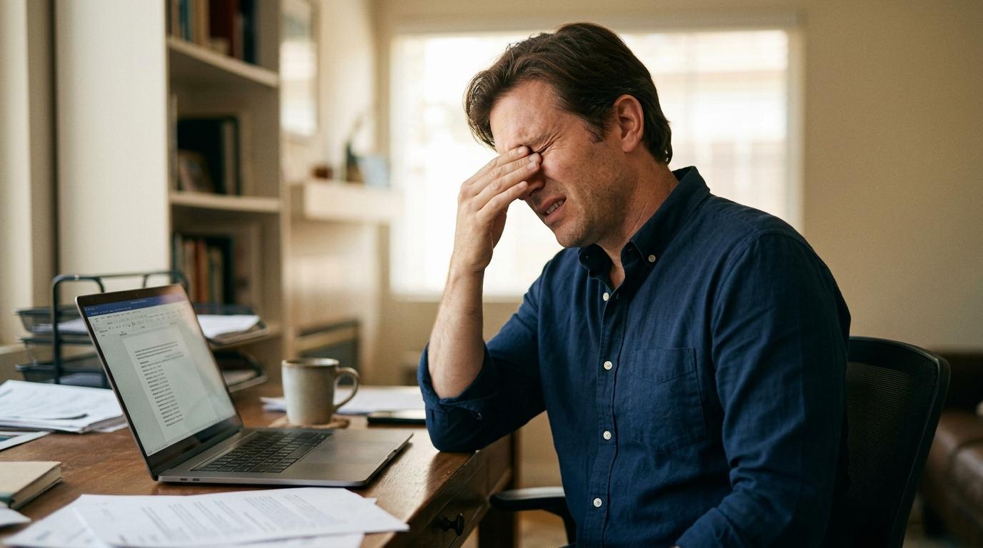 An adult rubbing tired eyes at a computer desk, showing signs of digital eye strain and fatigue.