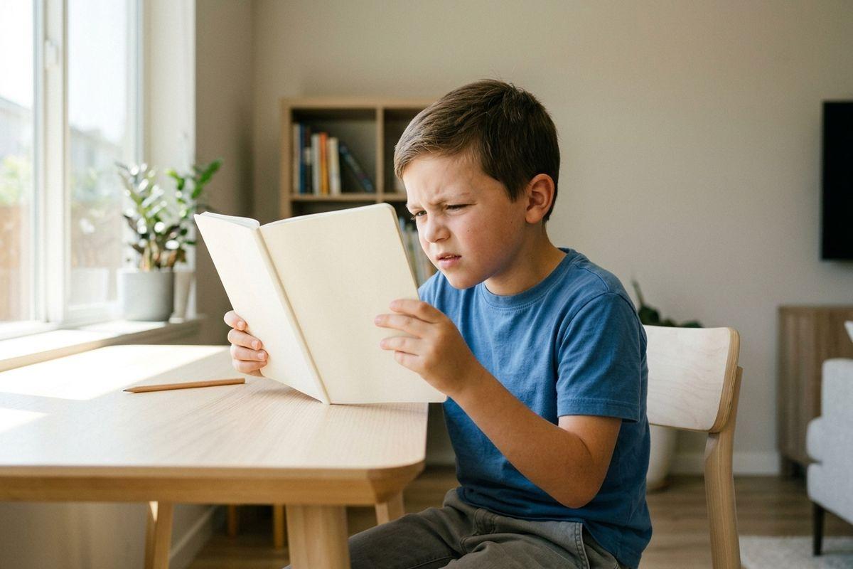 Child at a table squinting at a book held close to their face.