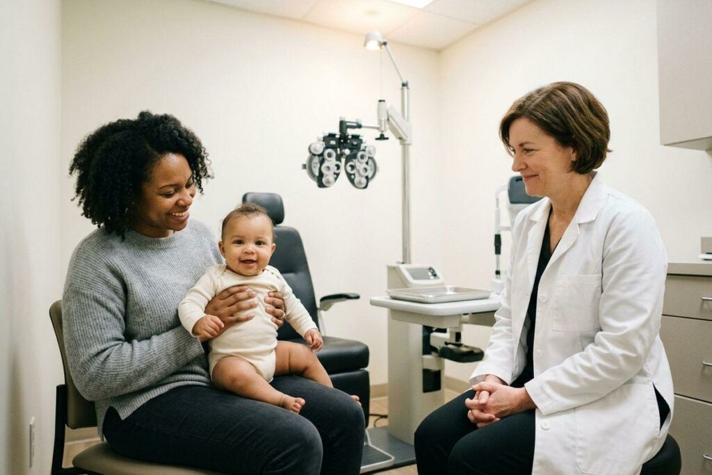 Optometrist smiling at an adult holding a smiling baby in an eye exam room with a phoropter behind them.