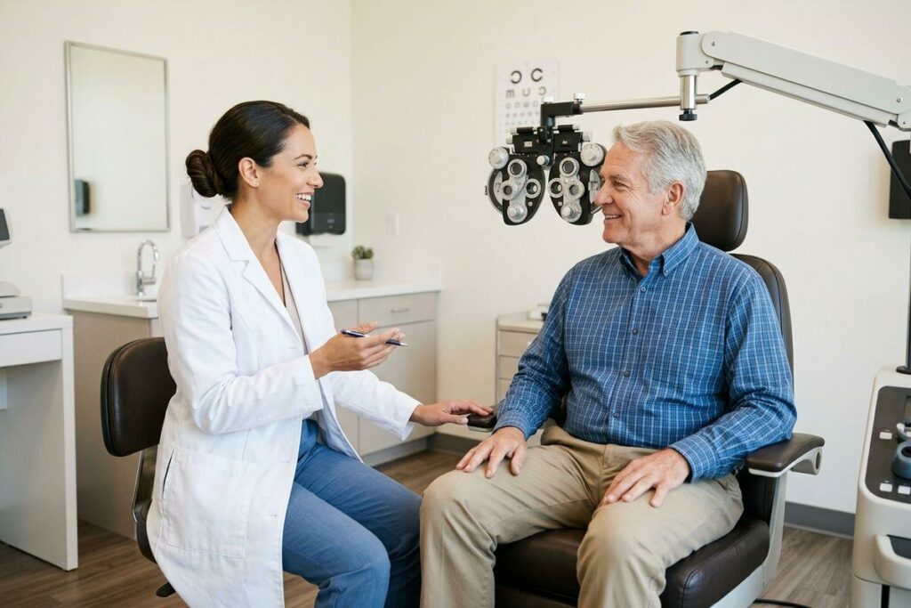 Optometrist smiling and talking with a seated older patient beside a phoropter and eye chart in an exam room.