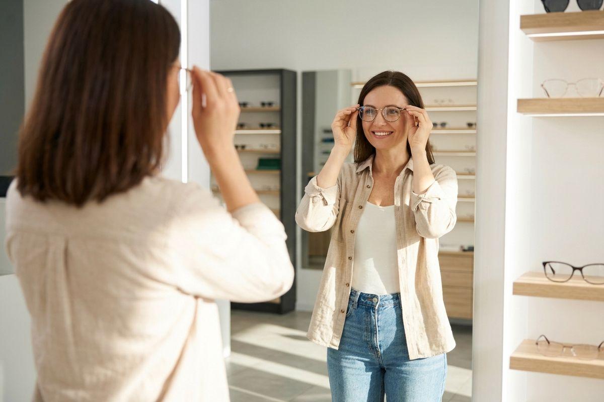 Person smiling while trying on eyeglasses in front of a mirror at an optician's shop, with frames displayed on shelves.