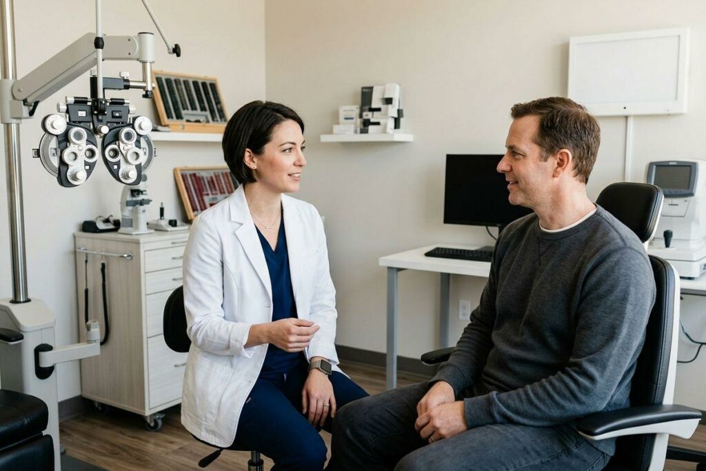 Optometrist talking with a seated patient in an eye exam room with a phoropter and equipment nearby.