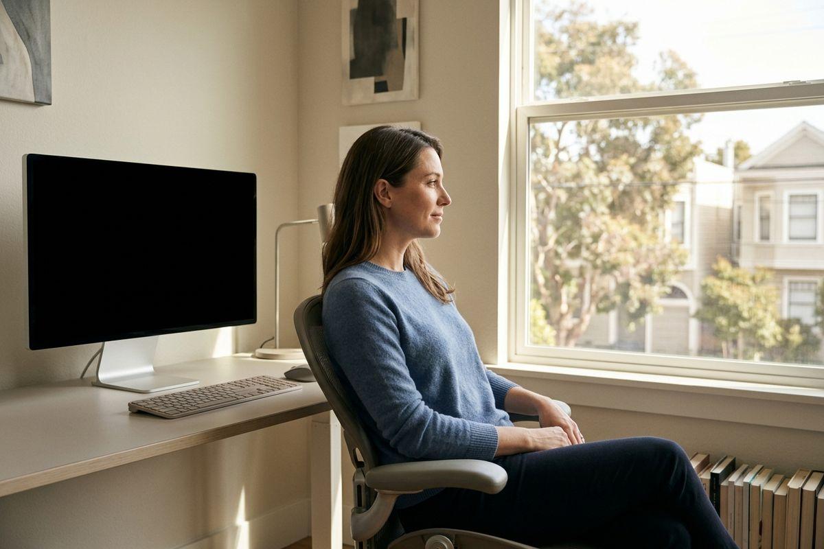 Person in blue sweater sits in an office chair at a desk with a monitor, looking out a sunlit window.