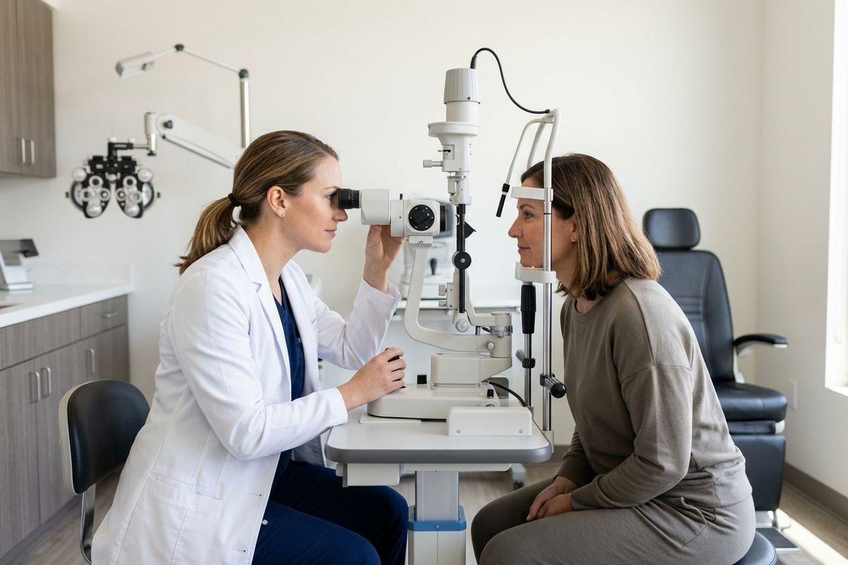 Optometrist examines a patient's eyes using a slit lamp during an eye exam in a clinic.