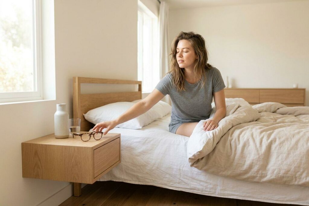 Person sitting on a bed reaching for glasses on a nightstand with a water glass and bottle.
